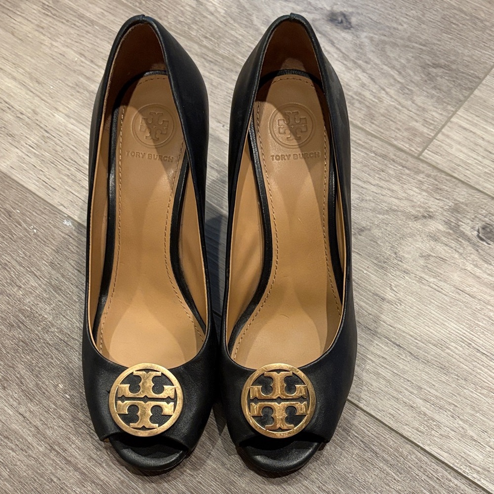 Tory Burch Black Peep-Toe Heels with Gold Logo, 7M